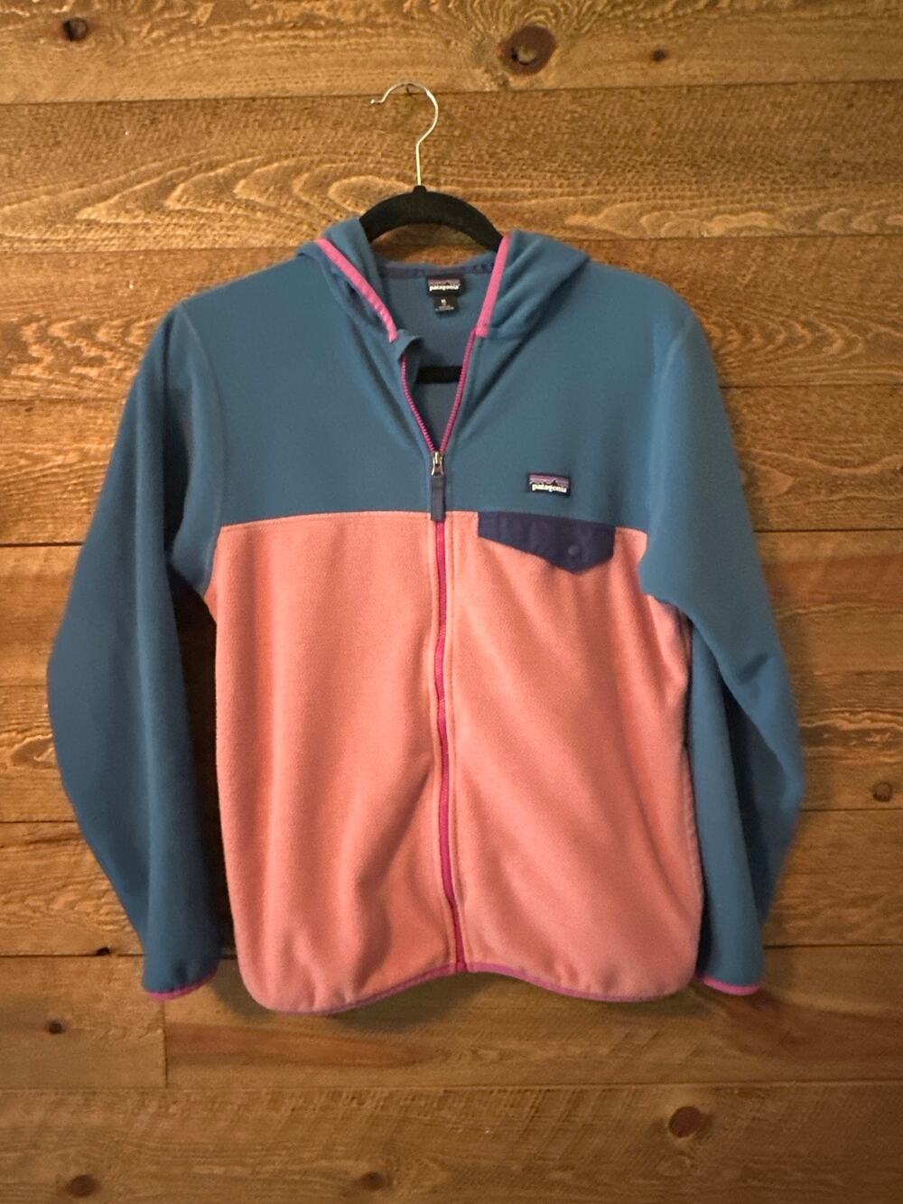 Patagonia Micro D Snap T Hooded Fleece Jacket Kids XL 14 Pink Blue Colorblock